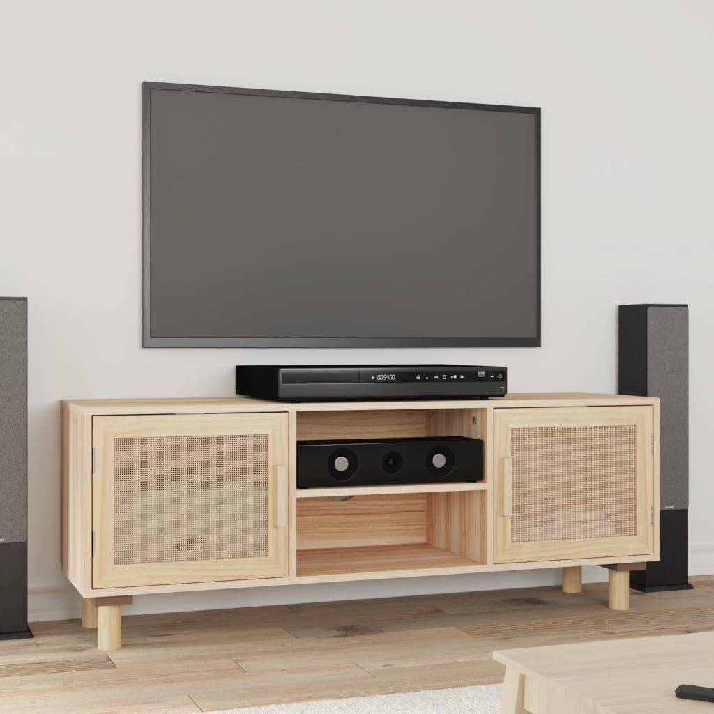 Tv Cabinet 105X30X40 Cm Solid Wood Pine&Natural Rattan