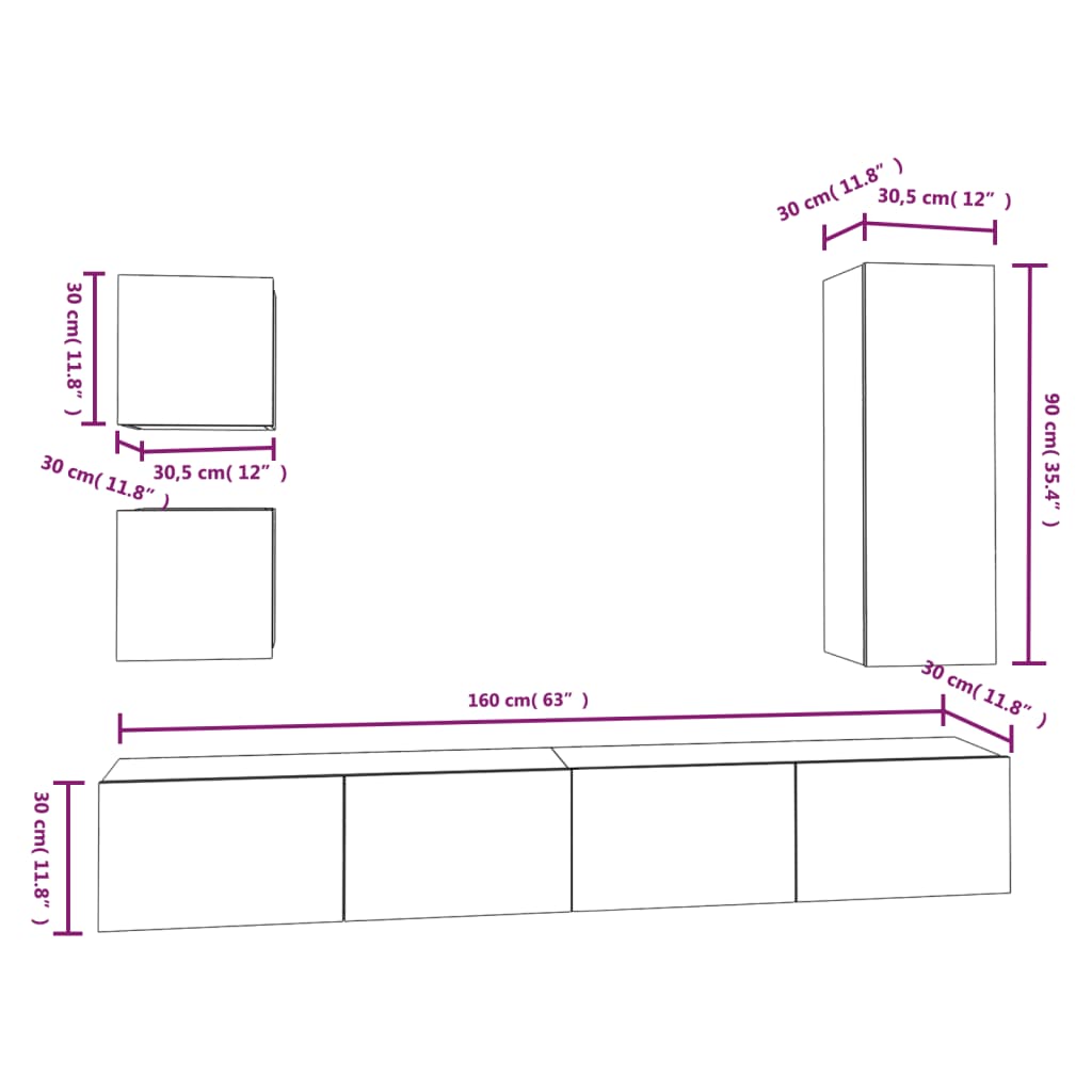 5 Piece Tv Cabinet Set White Engineered Wood