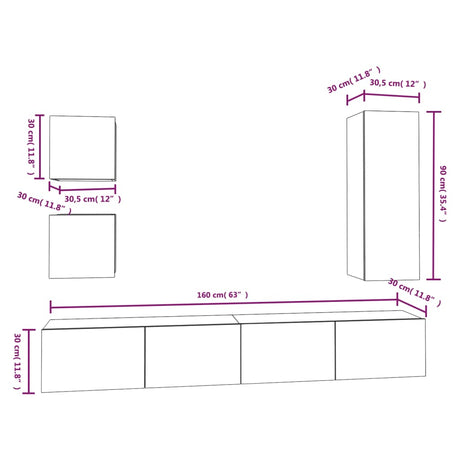 5 Piece Tv Cabinet Set White Engineered Wood