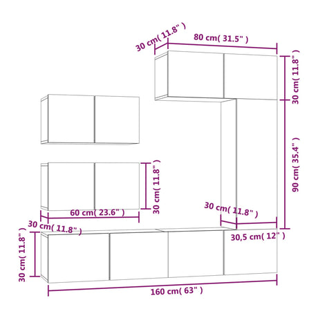 6 Piece Tv Cabinet Set White Engineered Wood