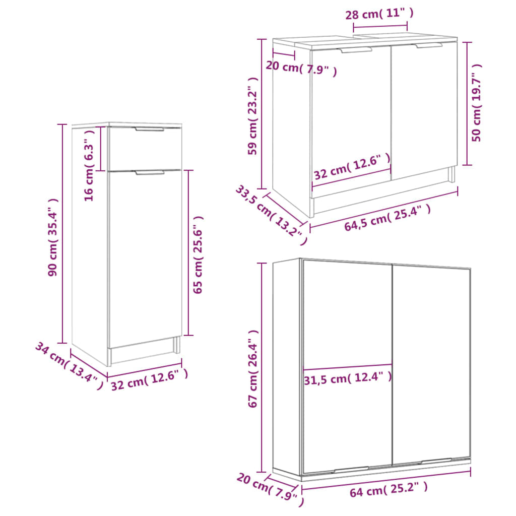 3 Piece Bathroom Cabinet Set Engineered Wood