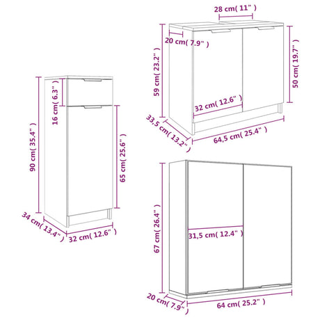 3 Piece Bathroom Cabinet Set Engineered Wood