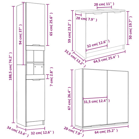 3 Piece Bathroom Cabinet Set Engineered Wood