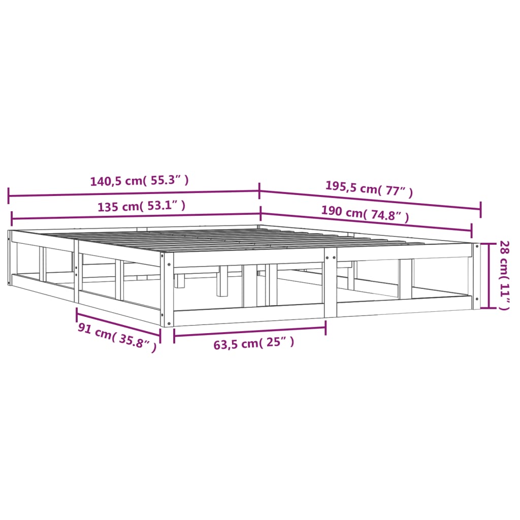 Bed Frame without Mattress Grey 135x190 cm Double Double Solid Wood