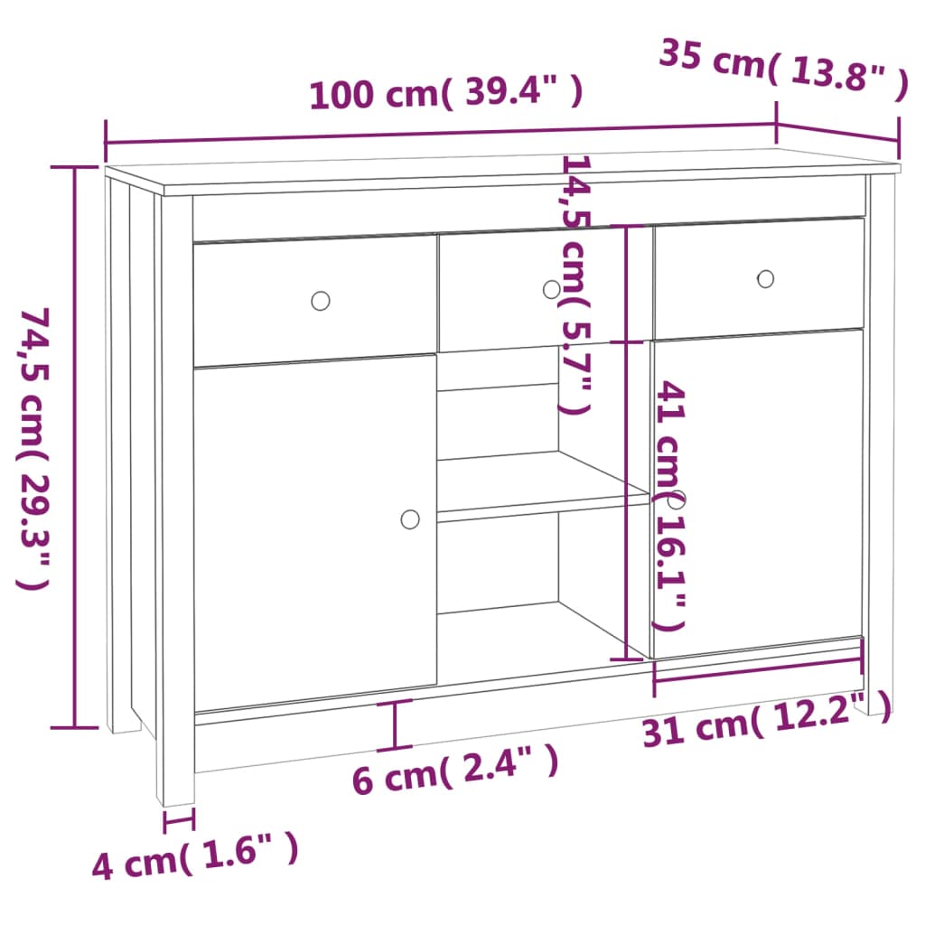 Sideboard 100X35X74,5 Cm Solid Wood Pine
