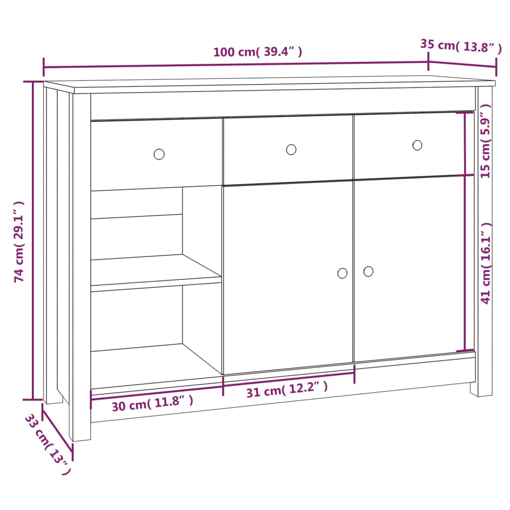 Sideboard 100X35X74 Cm Solid Wood Pine
