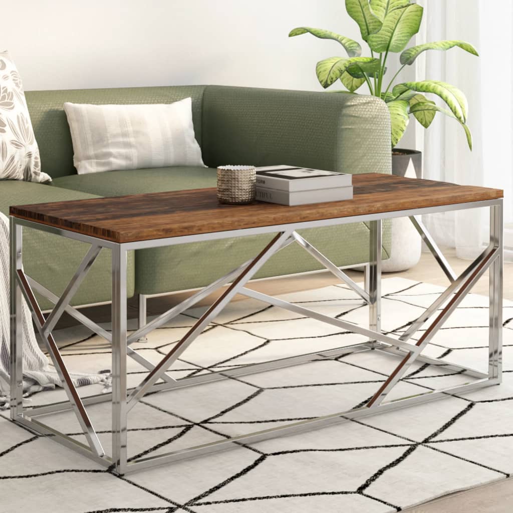 Coffee Table Silver Stainless Steel And Solid Reclaimed