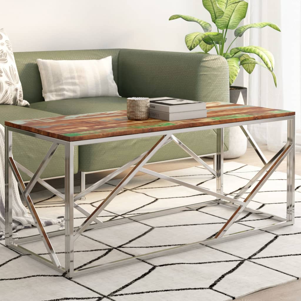 Coffee Table Silver Stainless Steel And Solid Reclaimed