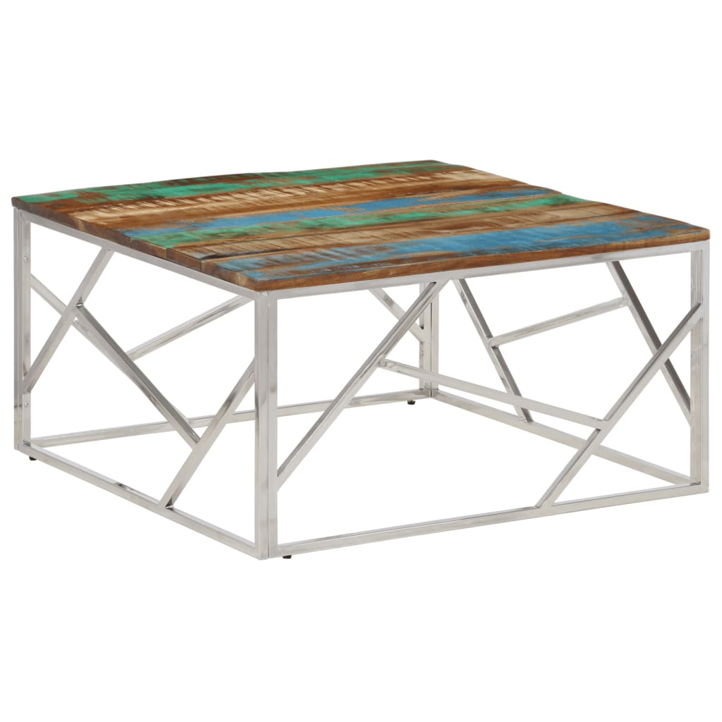 Coffee Table Silver Stainless Steel and Solid Reclaimed Wood