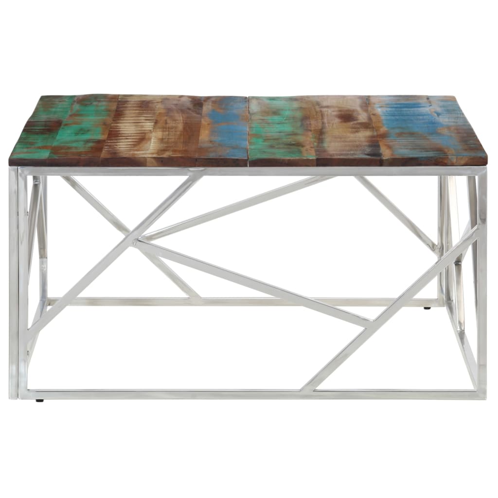 Coffee Table Silver Stainless Steel and Solid Reclaimed Wood