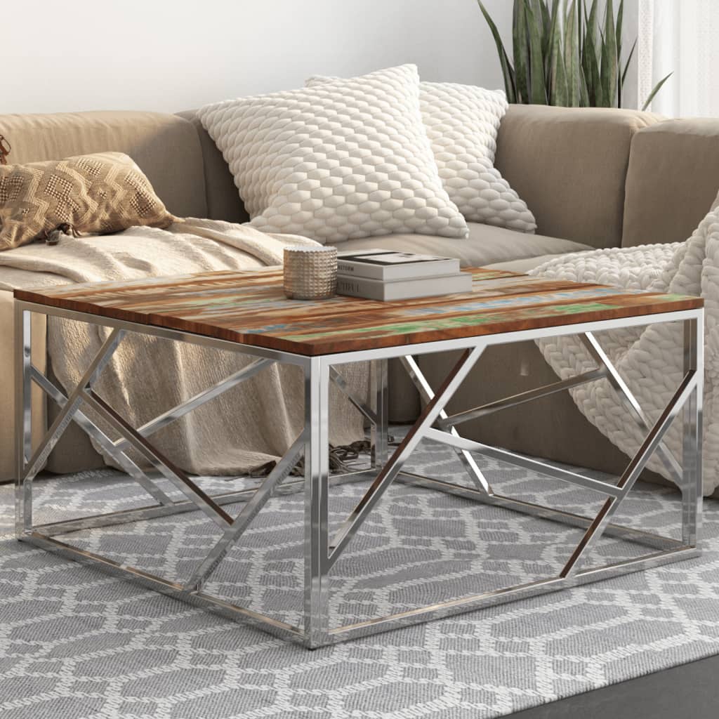 Coffee Table Silver Stainless Steel and Solid Reclaimed Wood