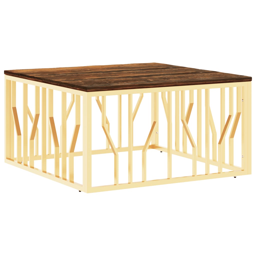 Coffee Table Gold Stainless Steel and Solid Wood Reclaimed