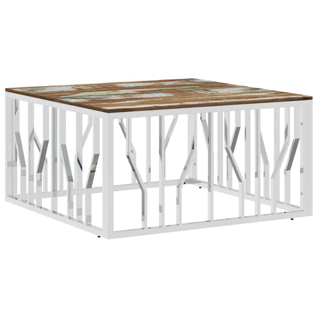 Coffee Table Silver Stainless Steel and Solid Wood Reclaimed