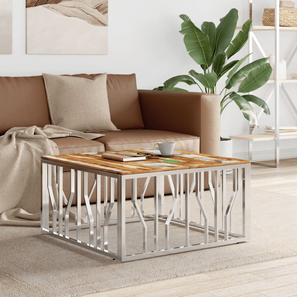 Coffee Table Silver Stainless Steel and Solid Wood Reclaimed