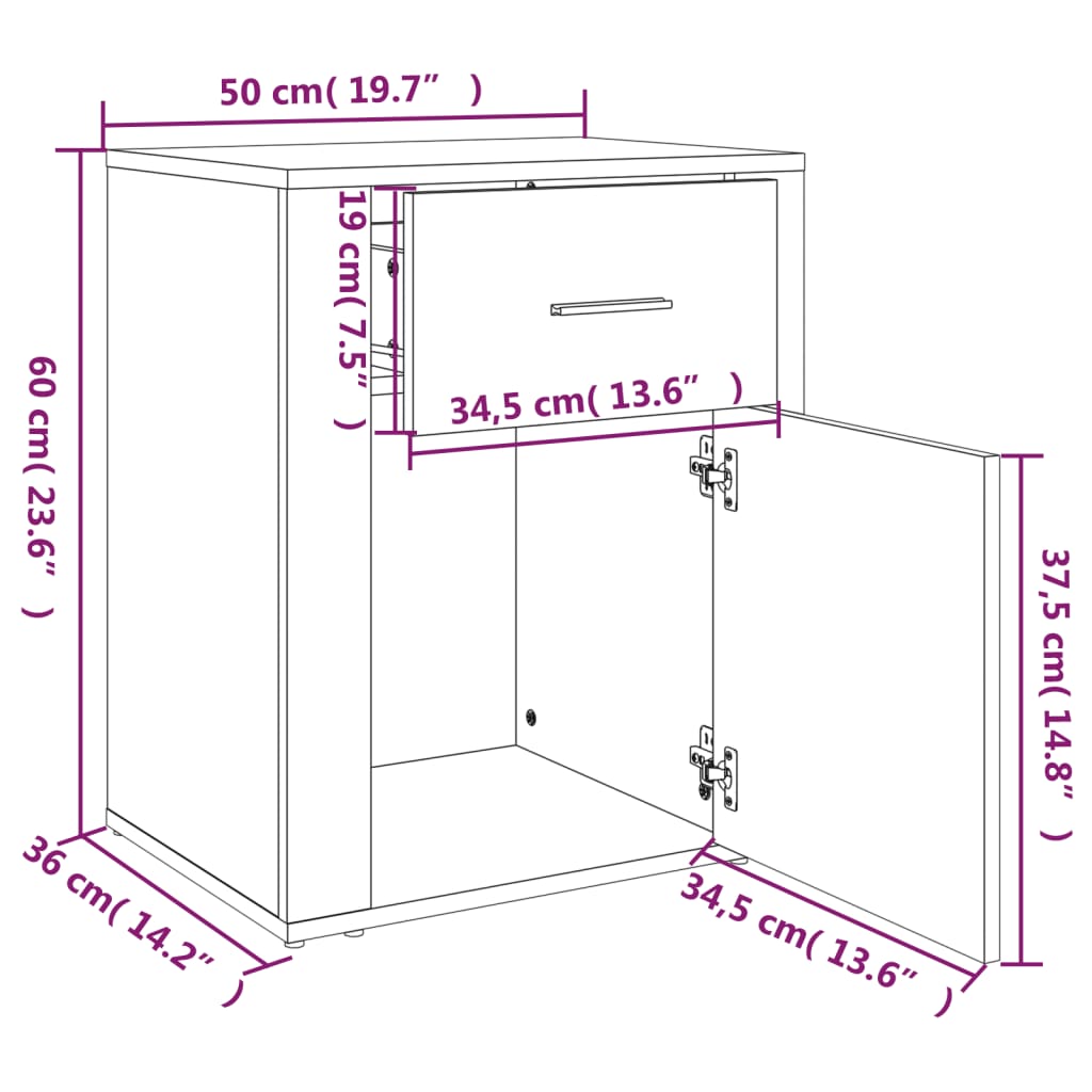 Bedside Cabinet 50X36X60 Cm Engineered Wood