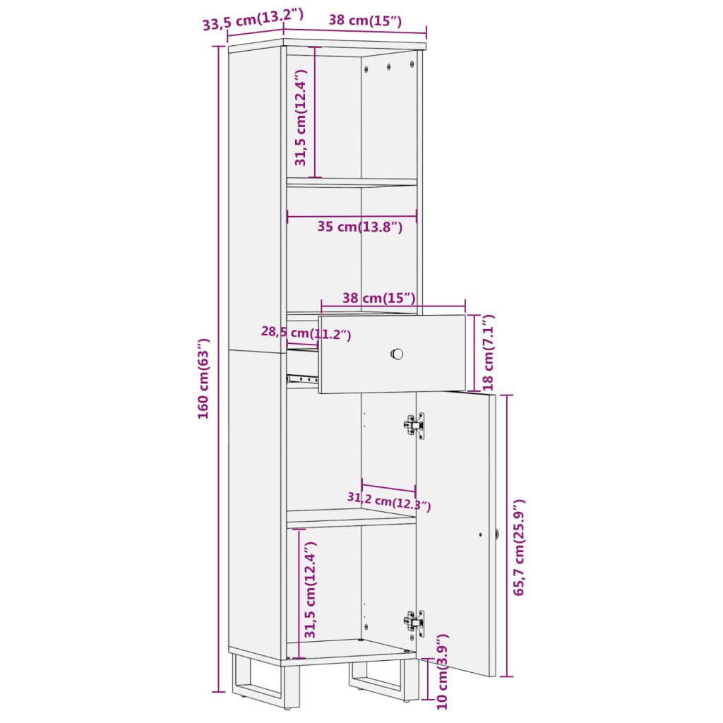 Bathroom Cabinet Brown And Black 38X33.5X160 Cm Solid Wood Mango