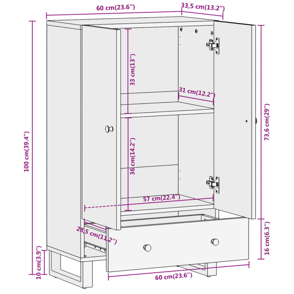 Highboard Brown And Black 60X33.5X100 Cm Solid Wood Mango