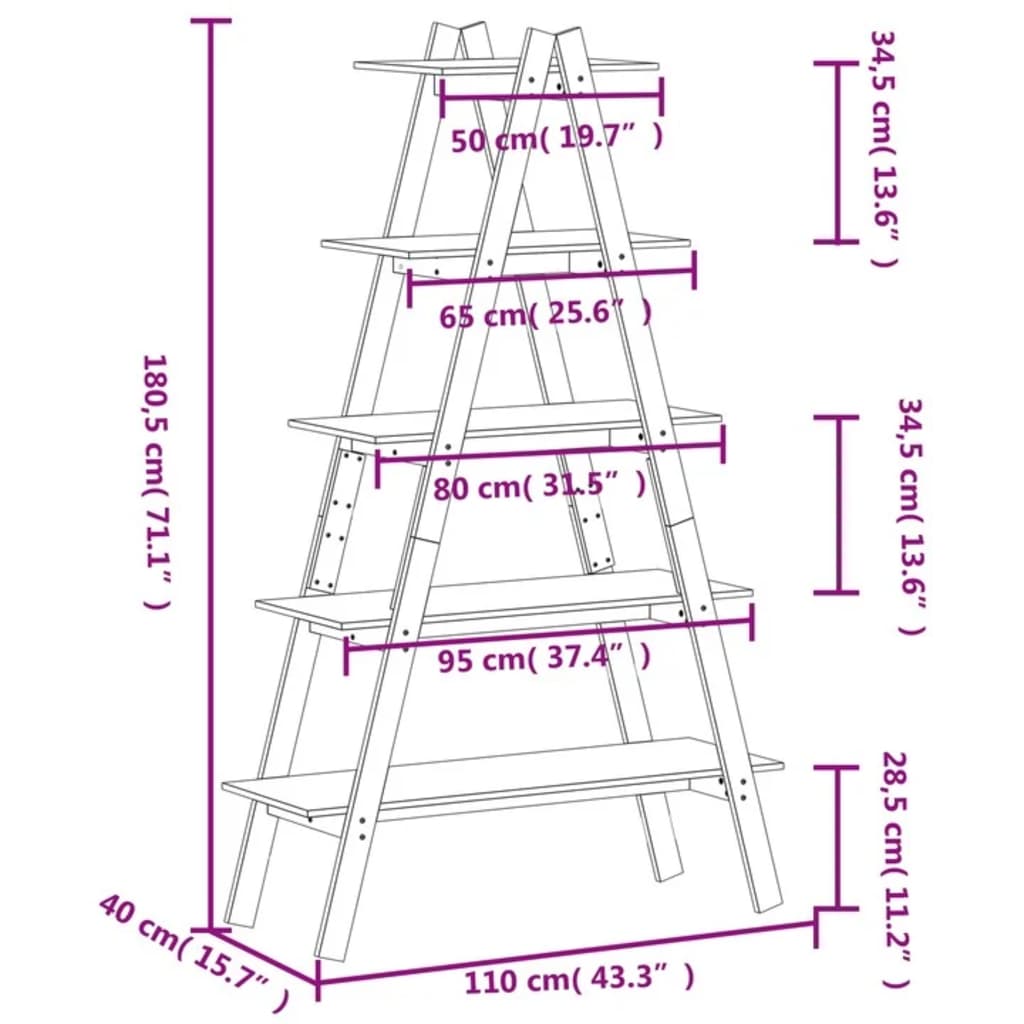 5-Tier Shelf A-Shape 110X40X180.5 Cm Solid Wood Pine