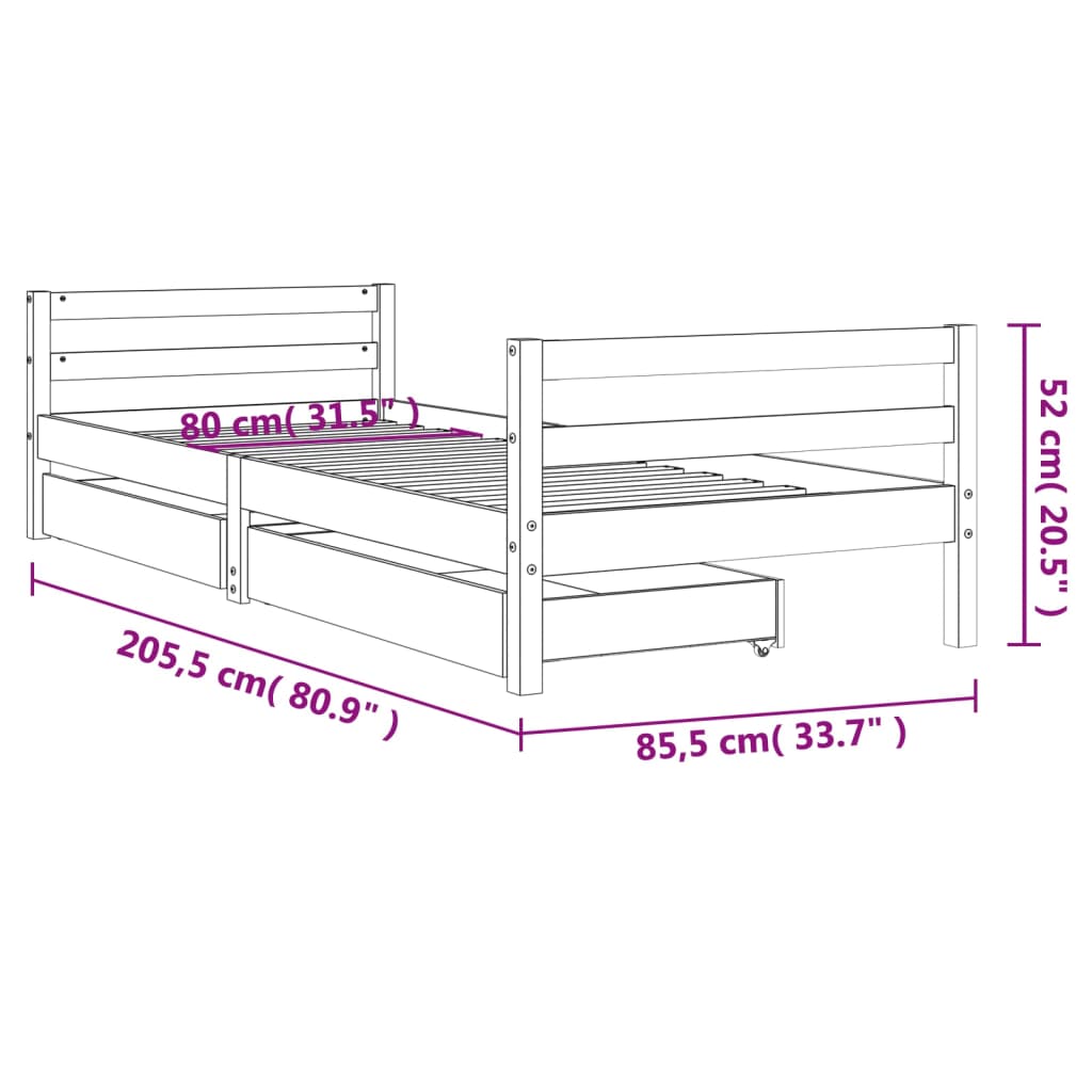 Kids Bed Frame With Drawers Solid Wood Pine