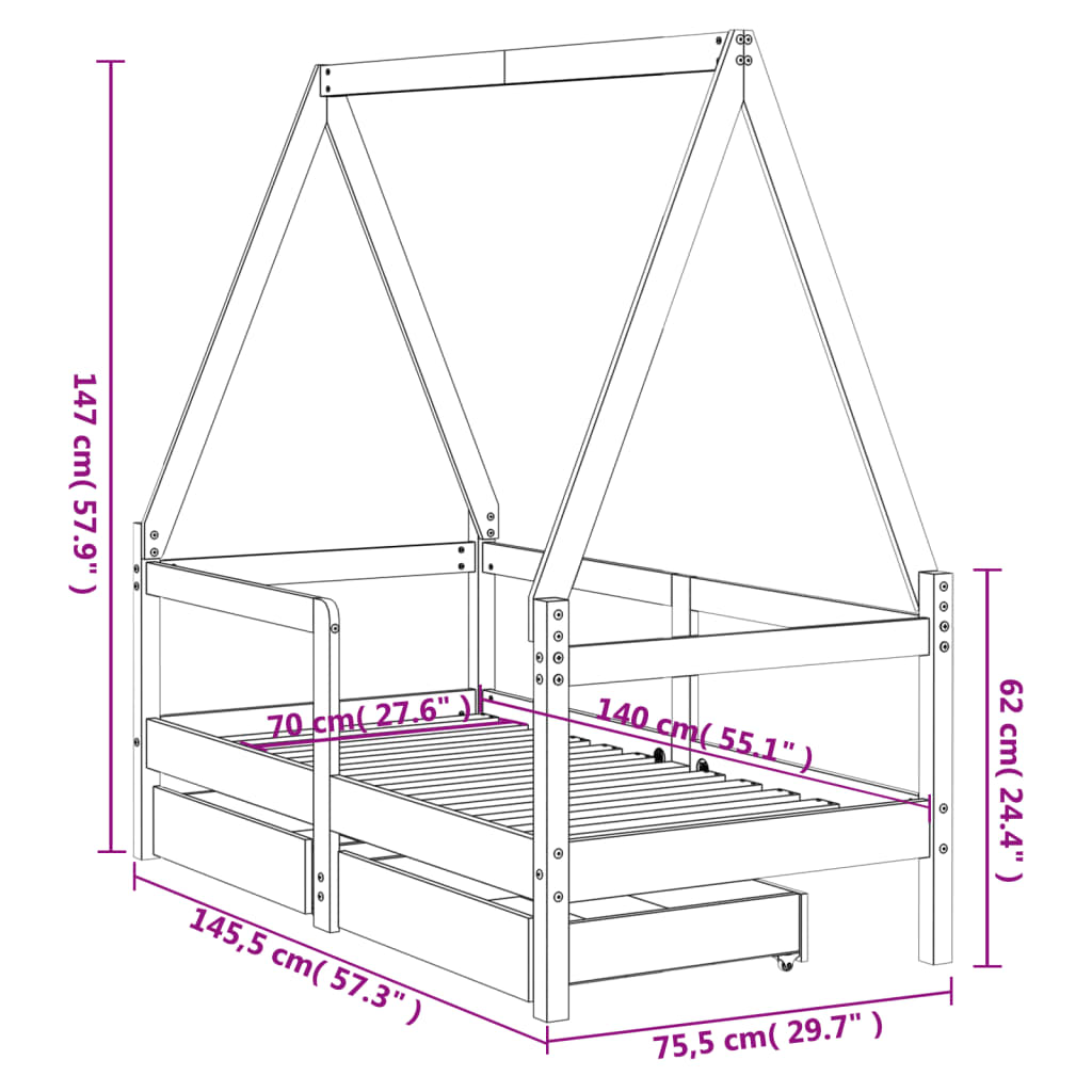 Kids Bed Frame With Drawers Solid Wood Pine