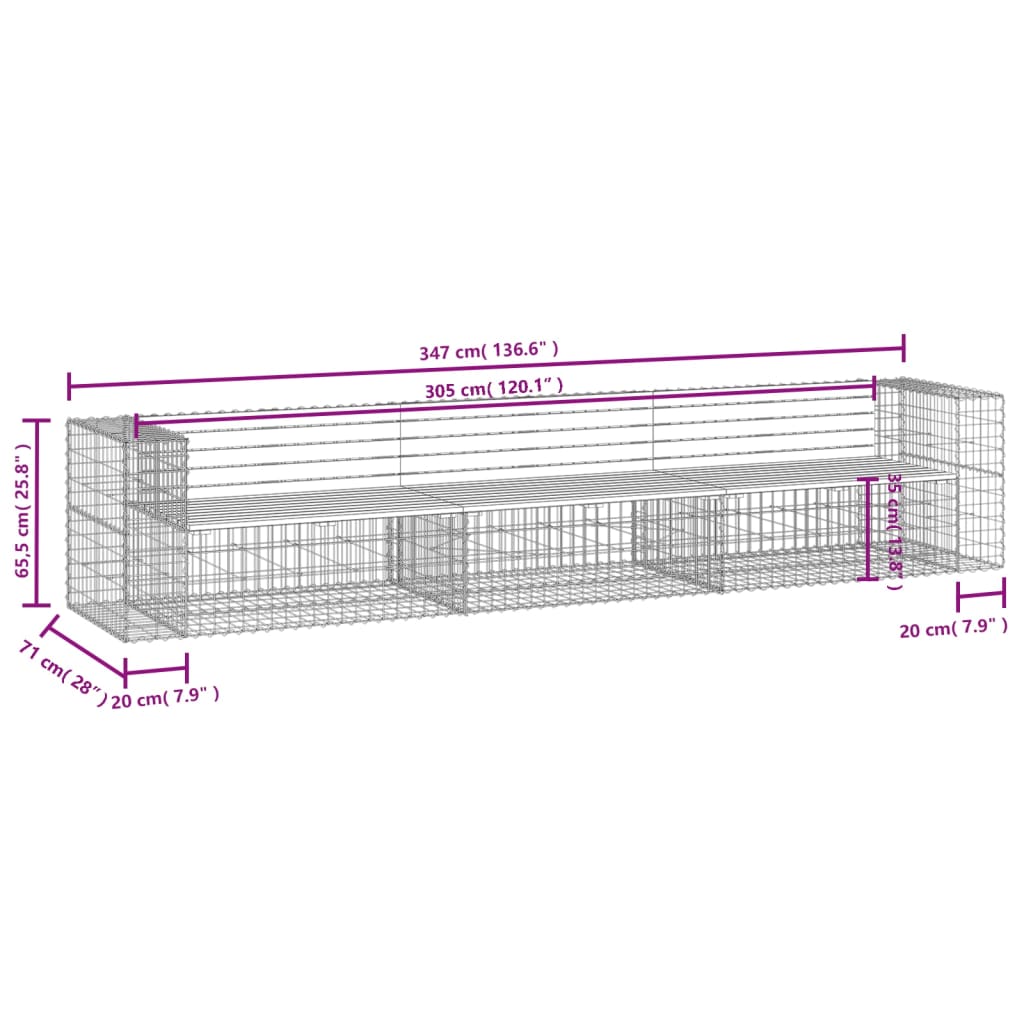 Garden Bench Gabion Design 347X71X65.5 Cm Impregnated Wood Pine