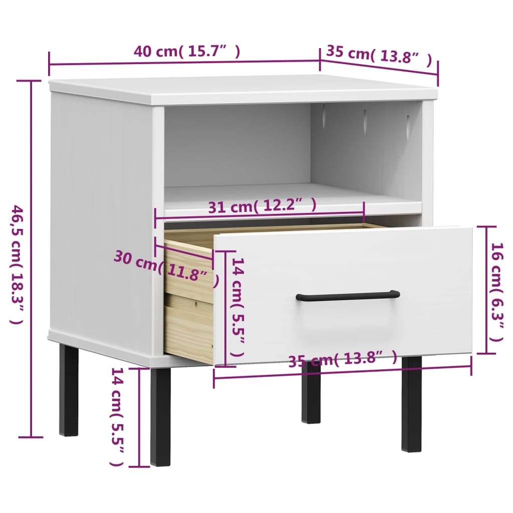 Bedside Cabinet With Metal Legs Solid Wood Pine Oslo