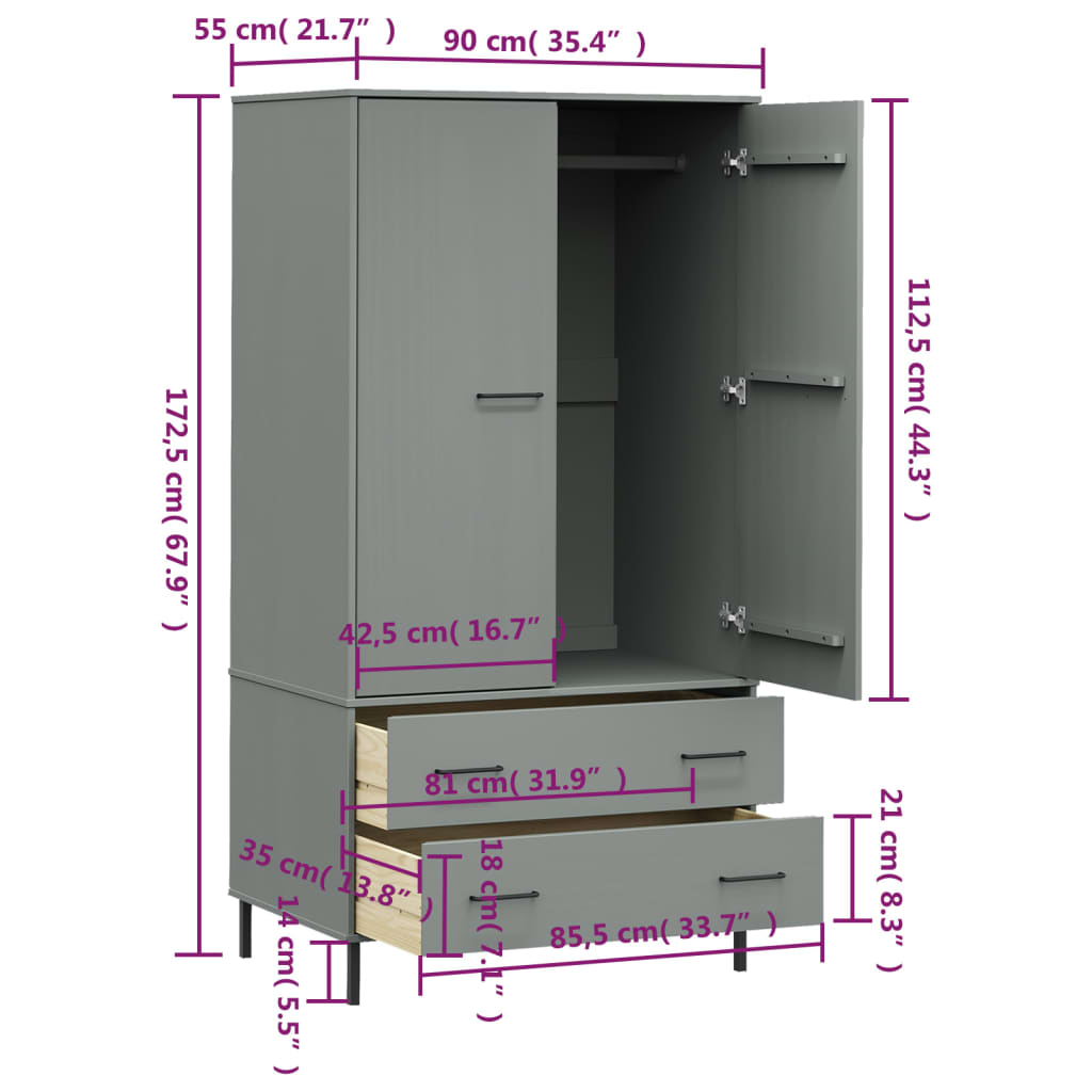 Wardrobe With Metal Legs 90X55X172.5 Cm Solid Wood Oslo