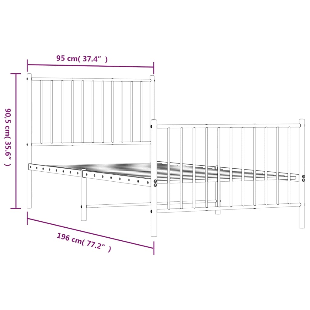Metal Bed Frame without Mattress with Footboard Black 90x190cm