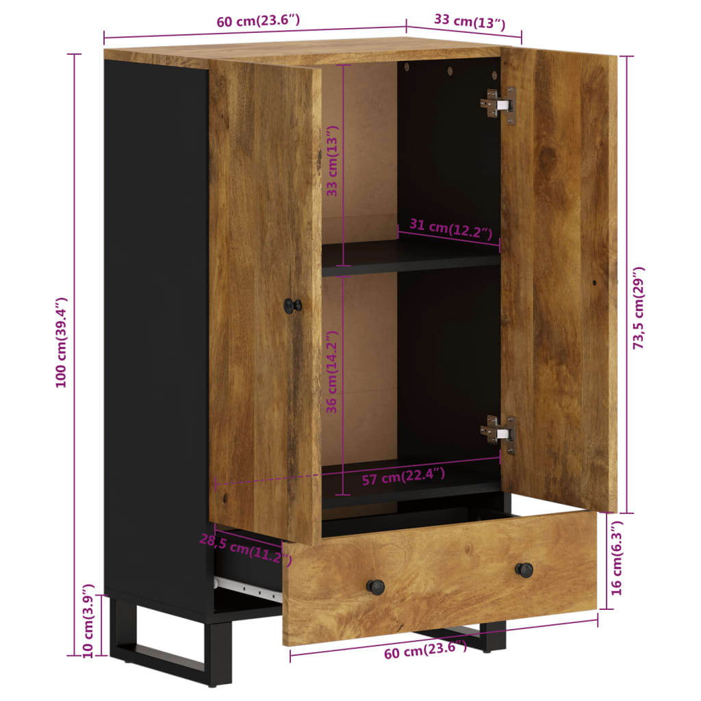 Highboard With Drawer 60X33X100 Cm Solid Wood Mango&Iron