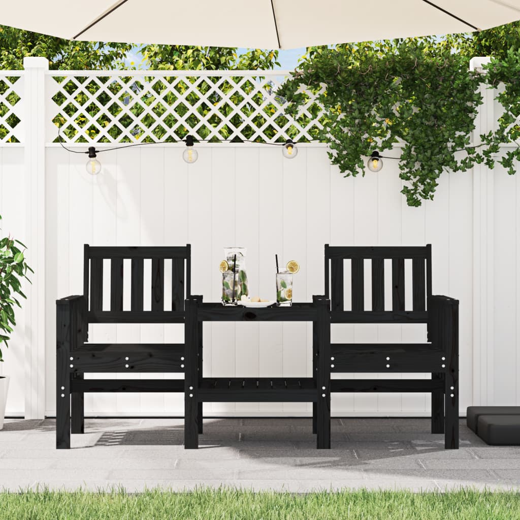 Garden Bench With Table 2-Seater Black Solid Wood Pine