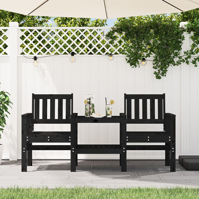 Garden Bench With Table 2-Seater Black Solid Wood Pine