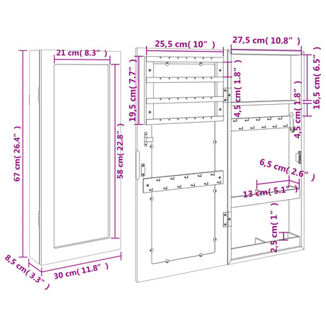 Mirror Jewellery Cabinet Wall Mounted 30X8.5X67 Cm