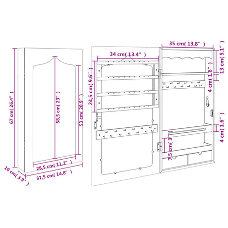 Mirror Jewellery Cabinet Wall Mounted 37.5X10X67 Cm