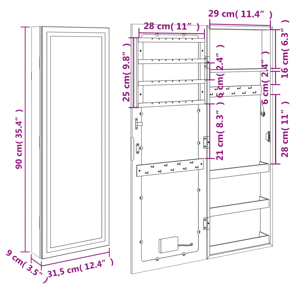 Mirror Jewellery Cabinet With Led Lights Wall Mounted