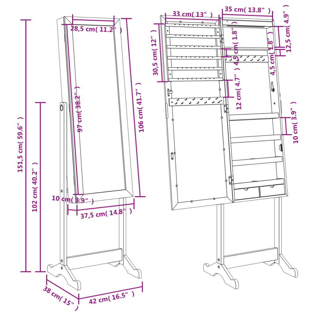 Mirror Jewellery Cabinet With Led Lights Free Standing