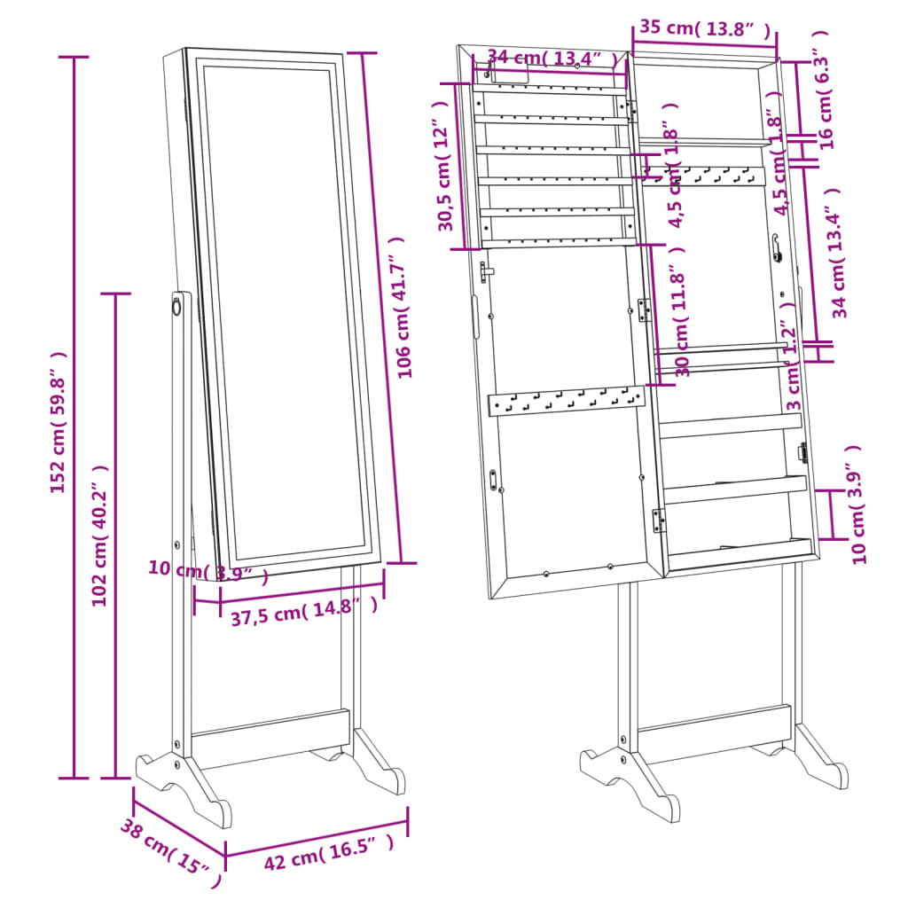 Mirror Jewellery Cabinet With Led Lights Free Standing