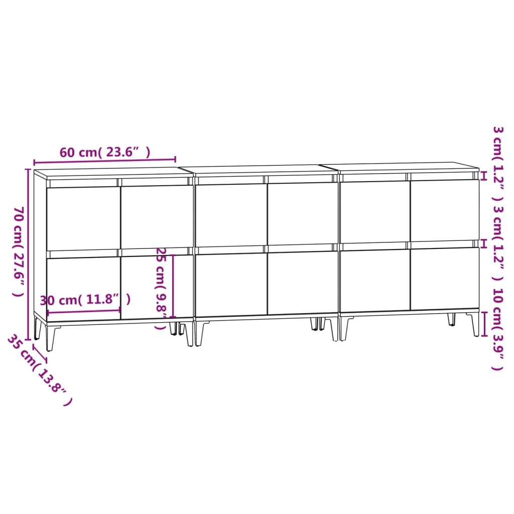 Sideboards 3 Pcs 60X35X70 Cm Engineered Wood