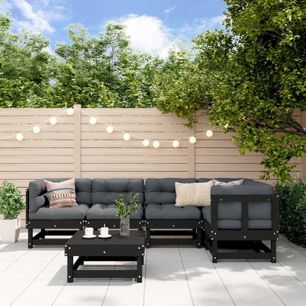 6 Piece Garden Lounge Set Black Solid Wood Pine