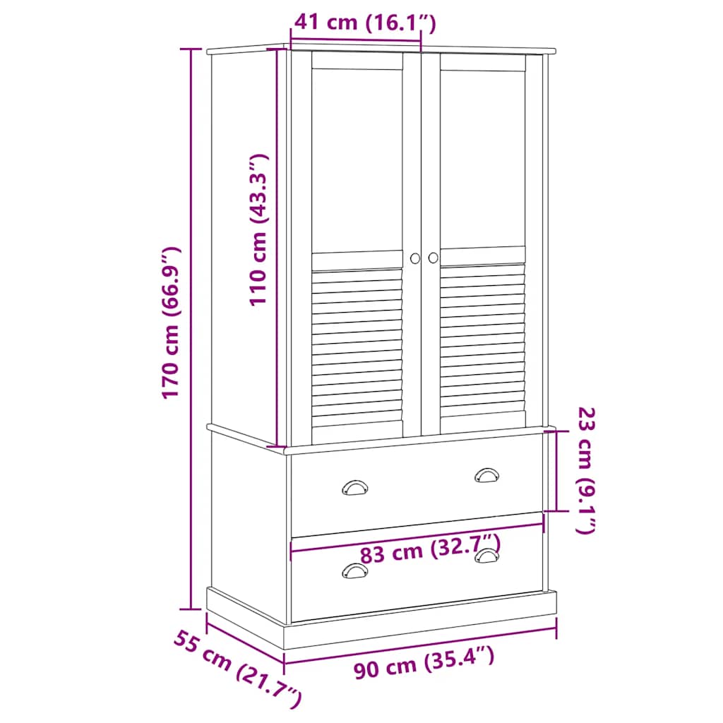 Wardrobe VIGO White 90x55x170 cm Solid Wood Pine