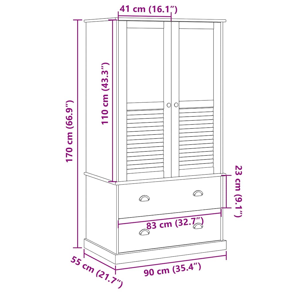 Wardrobe VIGO Grey 90x55x170 cm Solid Wood Pine
