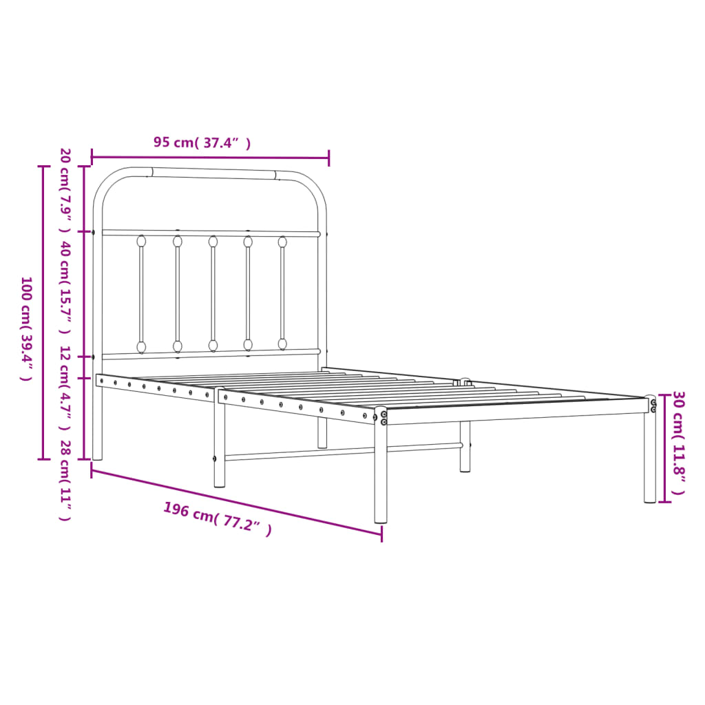 Metal Bed Frame without Mattress with Headboard Black 90x190cm