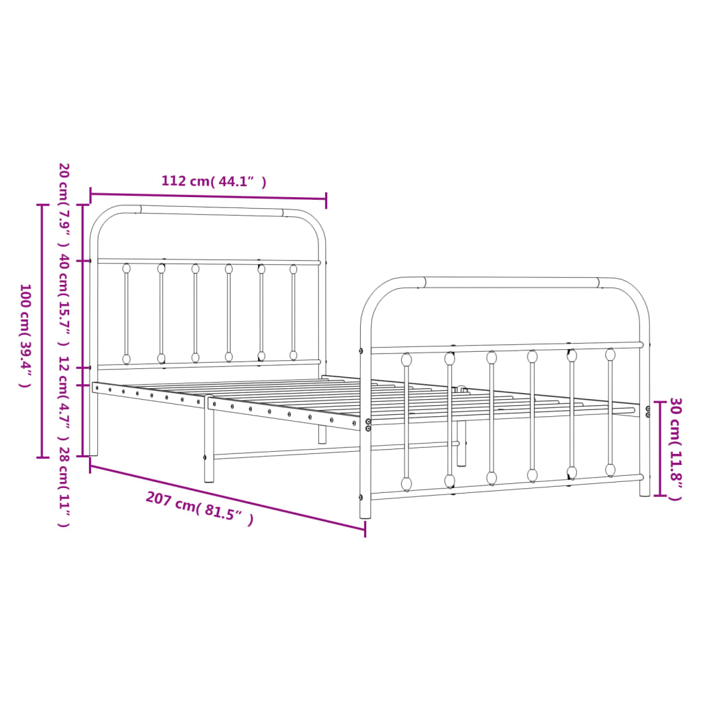 Metal Bed Frame without Mattress with Footboard Black 107x203cm
