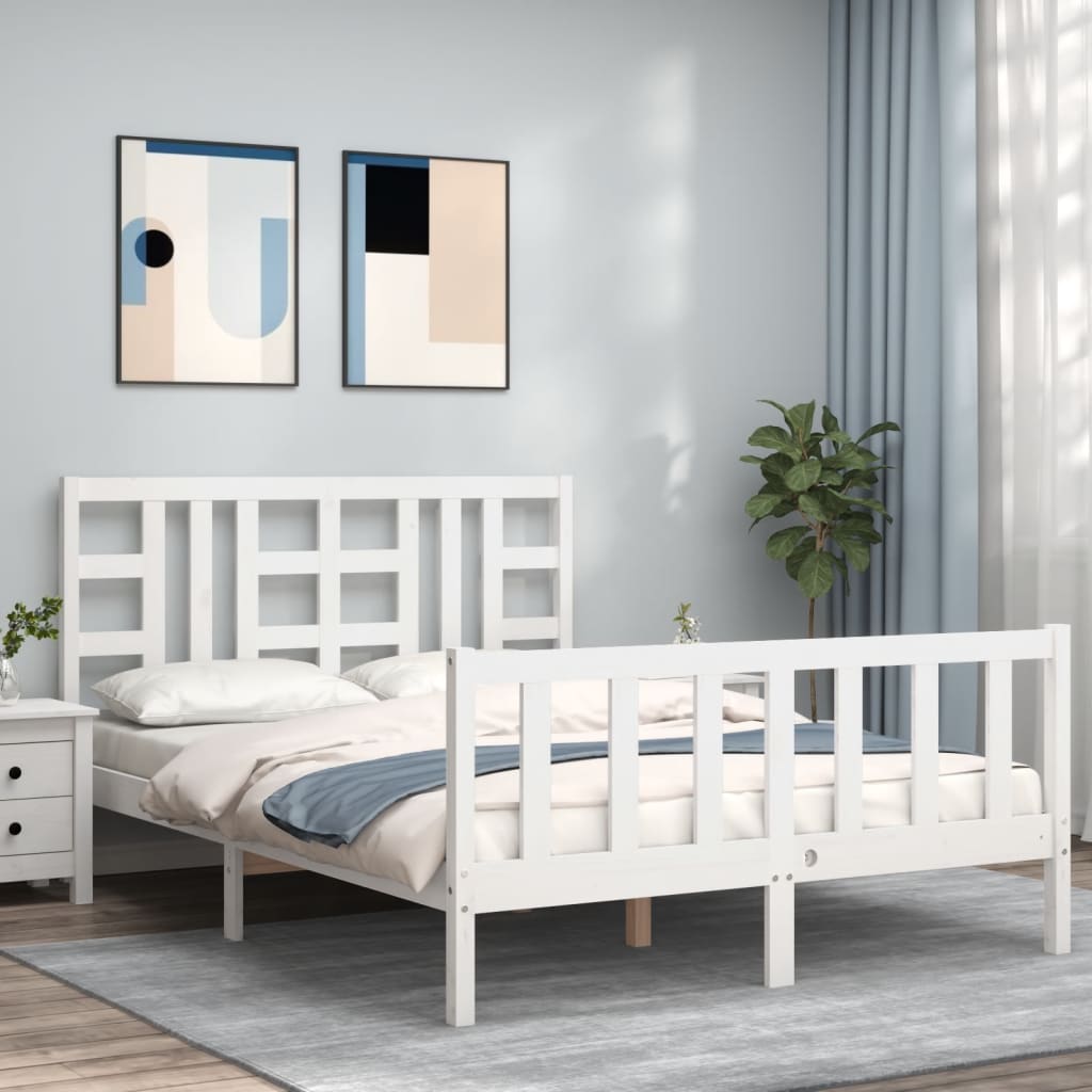 Bed Frame without Mattress White Double Solid Wood Pine