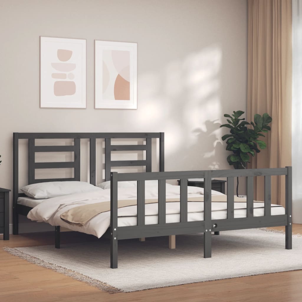 Bed Frame without Mattress Grey King Size Solid Wood Pine