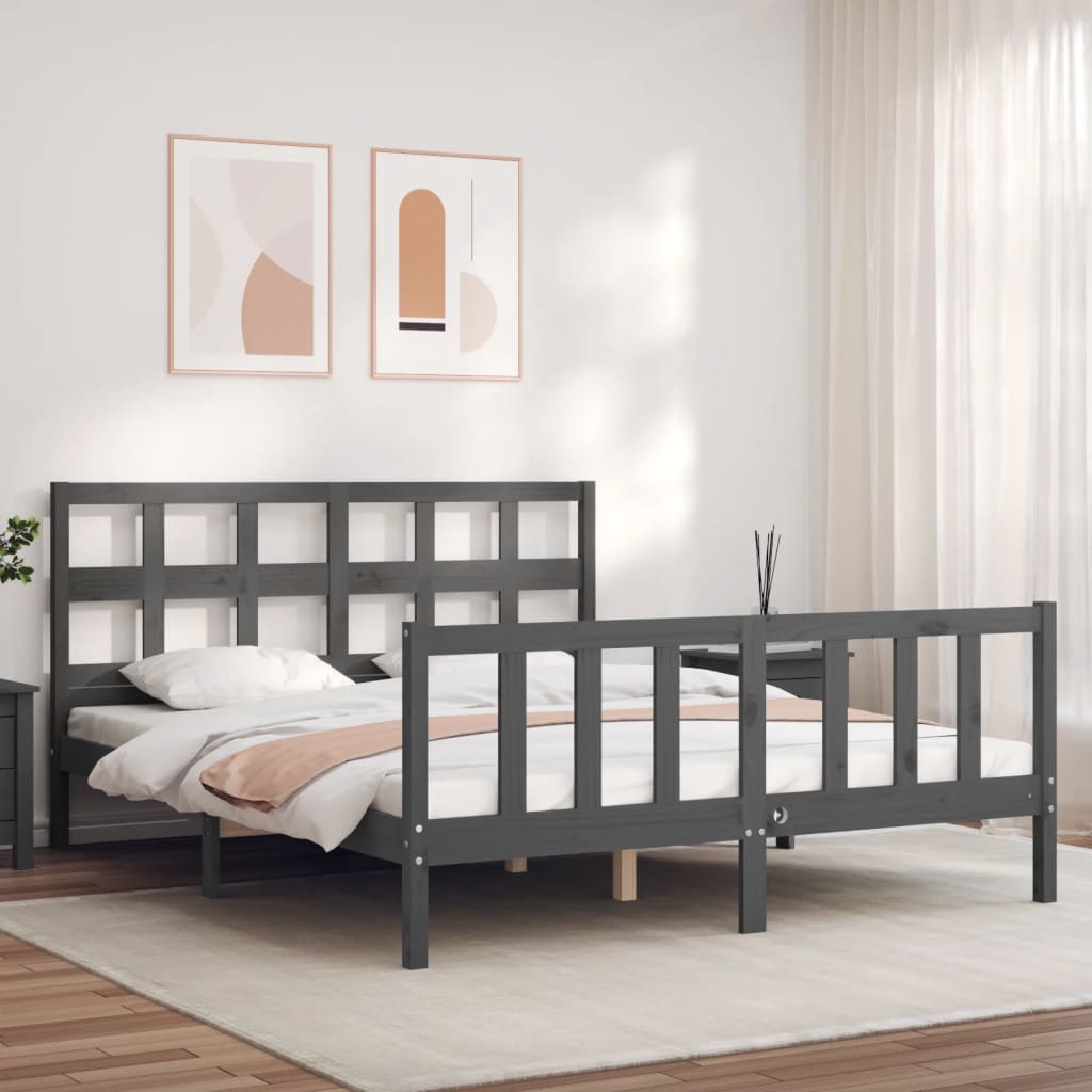 Bed Frame without Mattress Grey King Size Solid Wood Pine