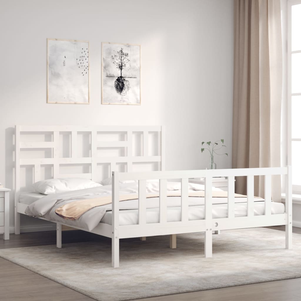 Bed Frame without Mattress White King Size Solid Wood Pine