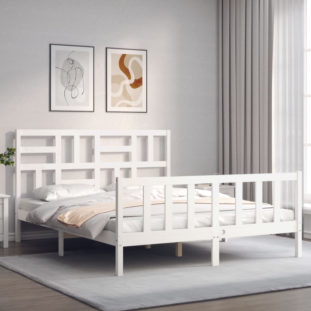 Bed Frame without Mattress White King Size Solid Wood Pine