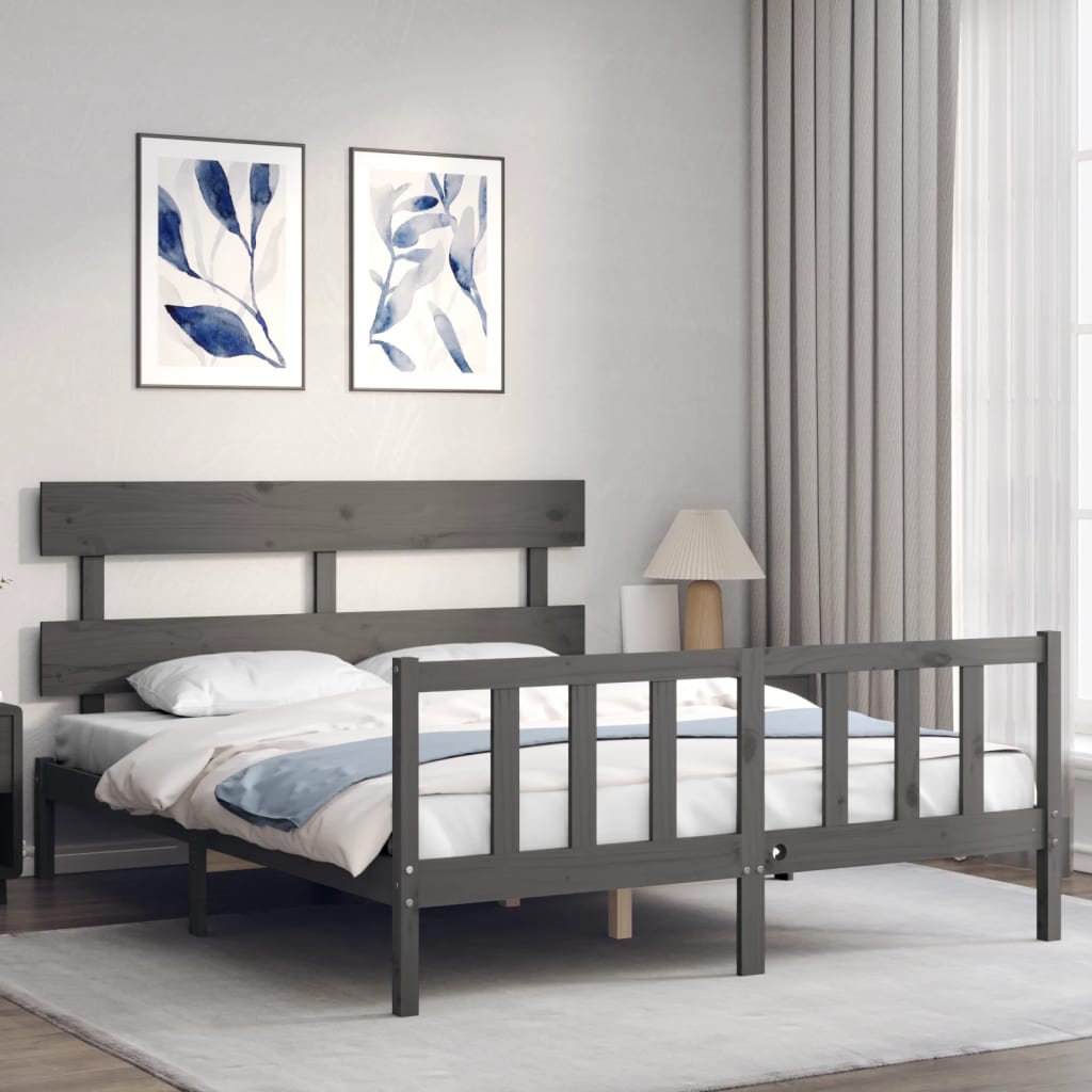 Bed Frame without Mattress Grey King Size Solid Wood Pine