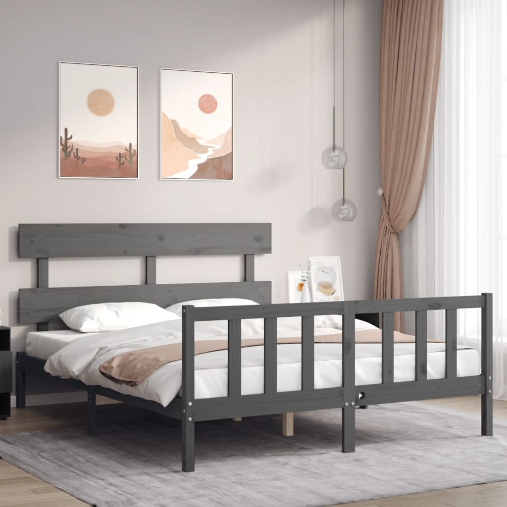 Bed Frame without Mattress Grey King Size Solid Wood Pine