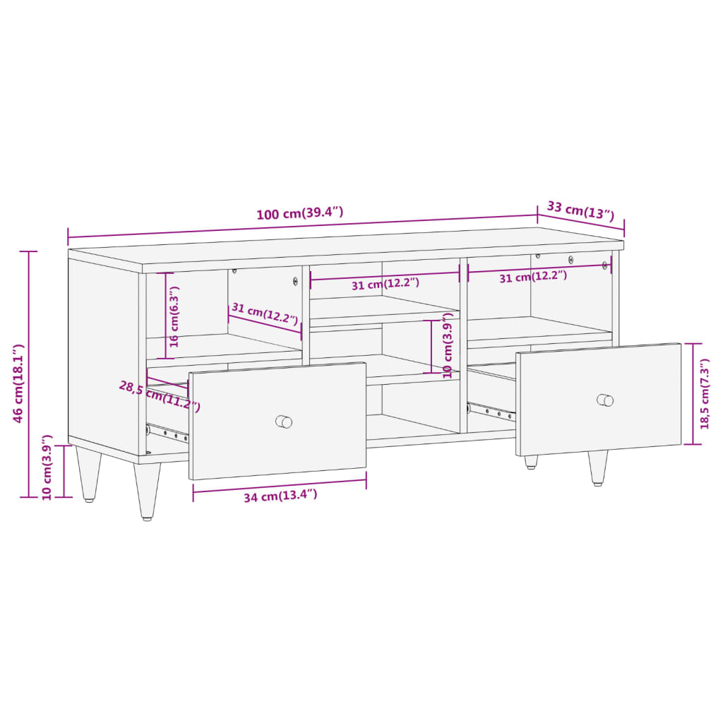 Tv Cabinet 100X33X46 Cm Solid Wood Mango